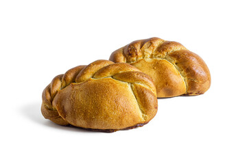 Pies with golden crust, with filling, on a white background