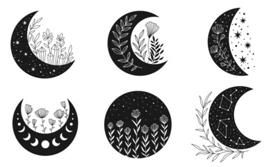 Vector hand drawn celestial collection for decoration. Moon clipart. Crescent, stars, constellation. Perfect for baby shower, birthday, children's party, clothing prints, greeting cards