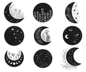 Vector hand drawn celestial collection for decoration. Moon clipart. Crescent, stars, constellation. Perfect for baby shower, birthday, children's party, clothing prints, greeting cards
