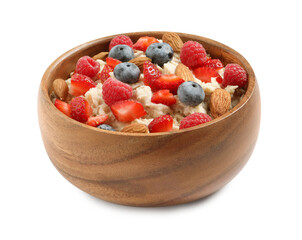 Tasty oatmeal porridge with berries and almond nuts in bowl on white background