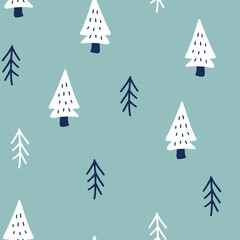 Seamless pattern with fir tree. Winter background. Hand drawn vector illustration