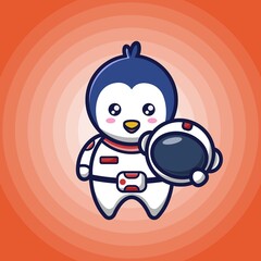 Funny Astronaut penguin holding helm with smile face