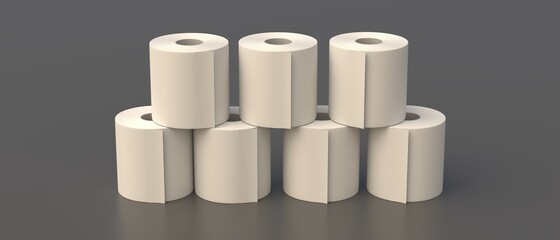 Toilet paper rolls stacked on gray background. Hygiene tissue white blank, 3d illustration