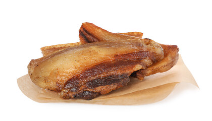 Tasty fried cracklings on white background. Cooked pork lard