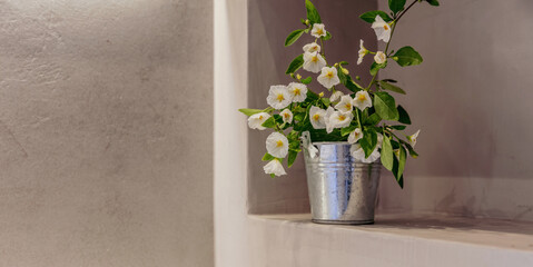 White flowers plant in a metal pot on a wall shelf, empty space, room interior template