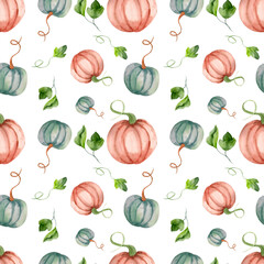Seamless design of ripe pumpkins with green leaves on a white background. Watercolor illustration of a seamless pattern with orange and blue pumpkins.