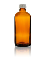 An empty, medical bottle made of transparent, brown glass closed with a plastic lid. Isolated on a white background with reflection