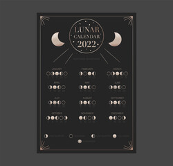 One page moon calendar 2022 year. Modern boho moon calendar poster template design. Lunar phases schedule and cycles. Vector illustration background. Vintage retro decorative design.
