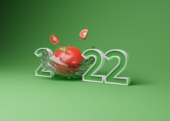 3D illustration of tomato and 2022 Design. Happy New Year celebration post design for your restaurant