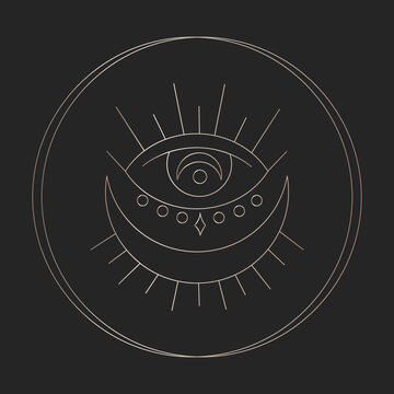 Mystic Boho Ritual Eye Symbol. Hand Drawn Golden Gradient Astrology Element. Magic Icon In Doodle Aesthetics Design. Esoteric Icon In Circle On Black Background. Vector Magic Esoteric Eye.