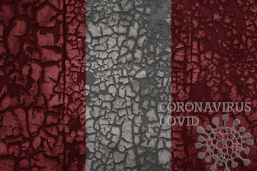 flag of peru on a old metal rusty cracked wall with text coronavirus, covid, and virus picture.