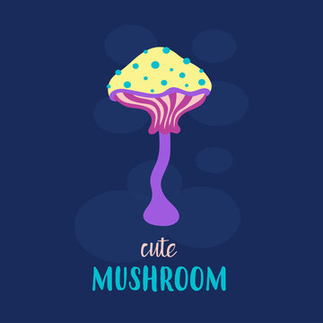 card with cartoon cute mushroom on dark