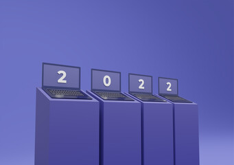 Happy New Year 2022. 3d rendered laptop on the podium with the big number of 2022.
