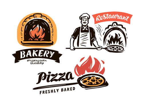 Pizzeria badges. Set of pizza logos. Labels for Italian cuisine restaurant of cafe vector illustration