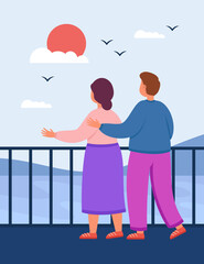 Back view of boyfriend and girlfriend looking at seascape. Cute couple of tourists hugging on embankment flat vector illustration. Tourism, romance concept for banner, website design or landing page