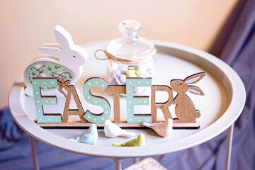 Congratulatory Easter background with rabbits and eggs in pastel colors.