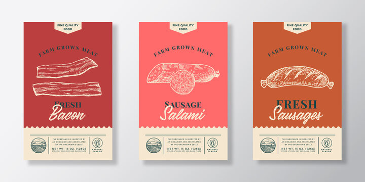 Meat Abstract Vector Packaging Labels Design Set. Modern Typography Banner, Hand Drawn Bacon, Salani and Sausage Sketch Silhouettes. Color Paper Background Layouts Collection Isolated