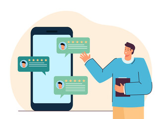 Man with feedback review from clients on screen of mobile phone. Customer review in rating bubble flat vector illustration. Social media, survey concept for banner, website design or landing web page