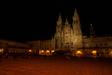 Obraz premium Beautiful Night Scene in the Cathedral of Santiago de Compostela with the Pilgrims Light Tower On, Galicia, Spain.