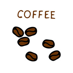 Brown hand drawing illustration of coffee beans with lettering Coffee on a white background