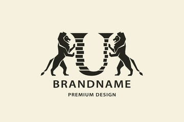 Two lions. Letter U. Antique Design. Creative Black Logo with Royal Character. Animal Silhouettes. Stylish Template for Brand Name, Boutique, Business Cards, Printing on Clothing. Vector Illustration