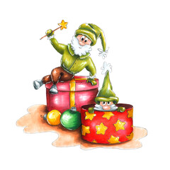 Christmas gnomes in green cap sitting in red gift box. White background, isolated