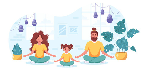 Family doing yoga, meditation in cozy interior. Family spending time together. Vector illustration