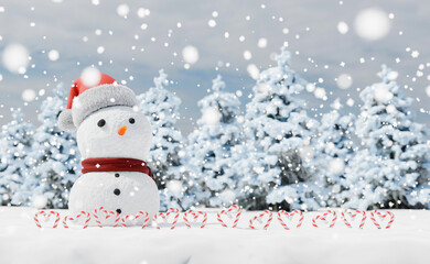 snowman with candy canes in a snowy landscape