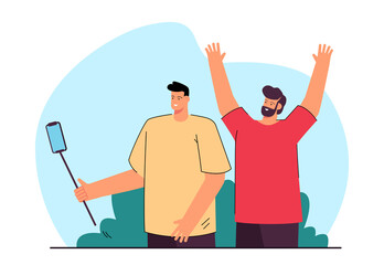 Friends making selfie photo with camera in mobile phone. Male characters using stick device flat vector illustration. Friendship, photography concept for banner, website design or landing web page