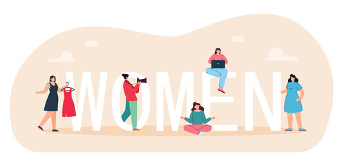 Strong female characters standing together near huge letters of word Women. Group of feminists showing power and independence flat vector illustration. Sisterhood, equality of gender rights concept