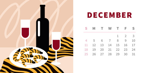 Tiger calendar design concept 2022. Horizontal page template for december. Wine and shrimps, festive dinner. Still life on striped fabric. Chinese symbol of the year. Week starts on Sunday.