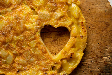 Hearts of Tortilla Española. Traditional Spanish omelette made with fried potato, onion and egg.