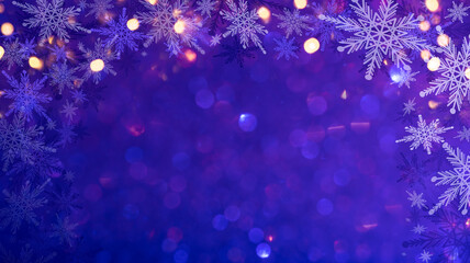 Dark abstract Christmas background. Bright colored blurred lights, bokeh. Neon glow, snowflakes.