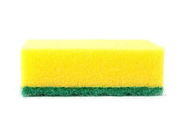 yellow dishwashing sponge on white isolated background, close-up