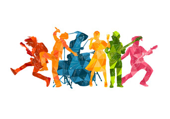 Fototapeta na wymiar Silhouettes of musicians. Group of people with musical instruments illustration. Music rock'n'roll, jazz vector background 