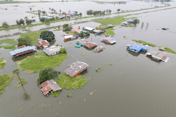 Aerial View of Houses Sunk Under the Water From Severe Flood in Suphanburi Thailand