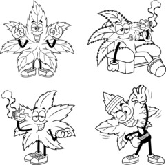 Fototapeta na wymiar Outlined Marijuana Leaf Cartoon Characters. Vector Hand Drawn Collection Set Isolated On White Background