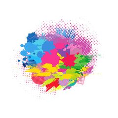 Bright colorful background. Isolated abstract graphic design template. Colored ball. Trendy brushing arts rtyle decoration. Yellow, red, green, pink colors. Holiday creative circle. Decorative element