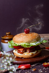 Juicy CHICKEN SAUSAGE BURGER MEAL, hamburger or cheeseburger with one chicken patties, with sauce, french fries and cold drink.. Concept of American fast food. Copy space