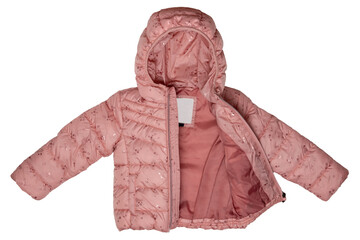 Kids jacket isolated. A stylish cosy warm pink down jacket for kids isolated on a white background....
