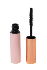 Cosmetic tools. Macro photograph of a elegant pink gold bottle of mascara isolated on a white background. Fashionable makeup for extensible lashes beautiful eyes. Beauty concept.