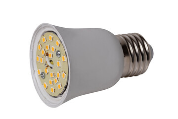 Close up of single defective white energy saving lamp or LED bulb isolated on white background. Clipping path. Macro.