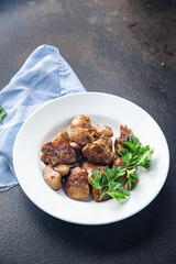 chicken liver fried or stewed fresh offal portion ready to eat meal snack on the table copy space food background rustic. top view keto or paleo diet