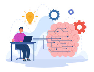 Brain with neural network and tiny engineer working at laptop. Man using AI digital technology for business development flat vector illustration. Machine learning, artificial intelligence concept