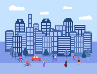 Different people in front of tall modern buildings on street. People running, walking and riding bikes or cars flat vector illustration. Smart city, environment concept for banner or landing web page