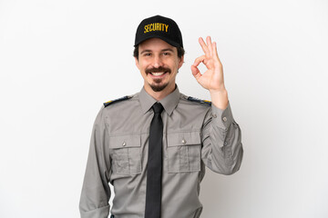 Young caucasian security man isolated on white background showing ok sign with fingers