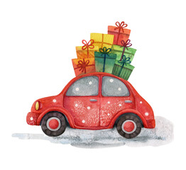 Red car with red, orange, green gift boxes. Watercolor illustration isolated on white.