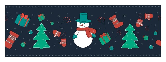 Seamless vector Christmas border, ribbon on dark blue background. Winter fairy tale background with funny snowmen, boots, mittens, gifts, snowflakes. For greetings, postcards, décor