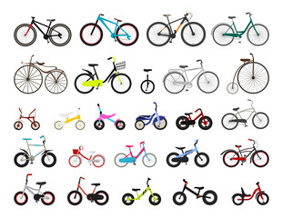 Collection of bicycles for children and adults.