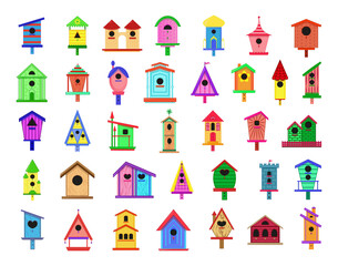 Collection of colorful bird houses. Lovely birdhouses.